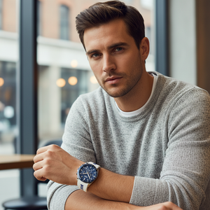 Male model wearing Hugo Boss Strike 1514238 blue and white watch with a sporty outfit