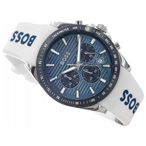 Side profile highlighting the blue BOSS logo on the white rubber strap of Hugo Boss 1514238