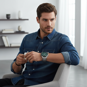 Male model wearing Hugo Boss Strike 1514241 silver watch with a professional business look
