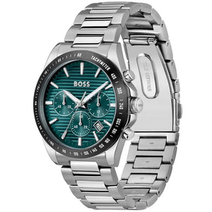 Side view of Hugo Boss Strike 1514241 showing the silver crown and chronograph pushers