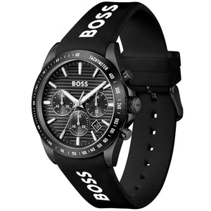 Side view of Hugo Boss 1514289 showing the black ion-plated crown and chronograph pushers