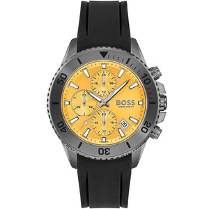 Hugo Boss Admiral 1513968 men's chronograph watch with black rubber strap and vibrant yellow dial