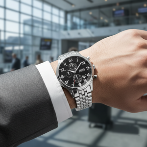 Close up shot of Hugo Boss Aeroliner 1512446 watch on wrist showing the black dial and Arabic numerals