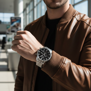 Male model wearing Hugo Boss Aeroliner 1512446 silver watch with a classic pilot style outfit