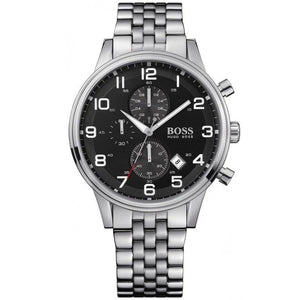Hugo Boss Aeroliner 1512446 men's chronograph watch with silver stainless steel bracelet and black dial