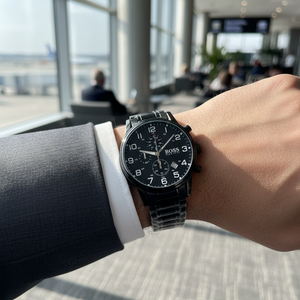 Male model wearing Hugo Boss Aeroliner 1513180 black watch with a dark tactical or casual outfit