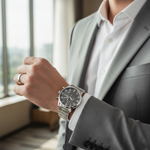 Male model wearing Hugo Boss Aeroliner 1513181 watch with a casual leather jacket outfit