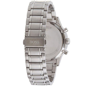 Silver-tone deployment clasp with engraved Boss logo on the bracelet of the 1513183