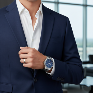 Male model wearing Hugo Boss Aeroliner 1513183 watch with a smart casual outfit