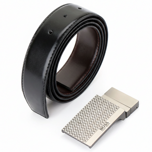 Top-down view of a Hugo Boss black genuine leather belt alongside its distinctive textured metal buckle with BOSS branding