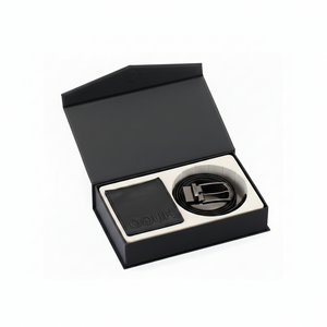 Hugo Boss men's gift set featuring a black leather bifold wallet with large embossed HUGO branding and a matching leather belt with a classic pin buckle