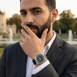 Lifestyle luxury shot featuring Hugo Boss Candor 1514075 men's watch.