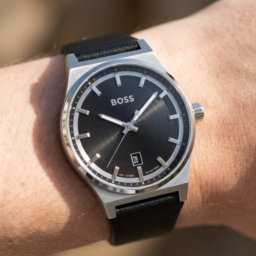 Live wrist shot of Hugo Boss Candor 1514075 men's watch.