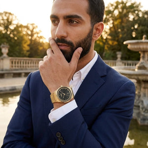 Lifestyle luxury shot featuring Hugo Boss Candor 1514077 men's watch.