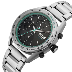 Left side perspective of the Hugo Boss 1514023 black dial and silver bracelet link