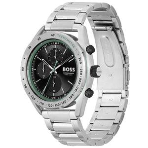 Angled view of the Hugo Boss 1514023 highlighting the polished silver case and pushers