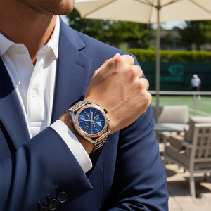 Male model wearing Hugo Boss Center Court 1514026 two-tone watch with a smart casual outfit