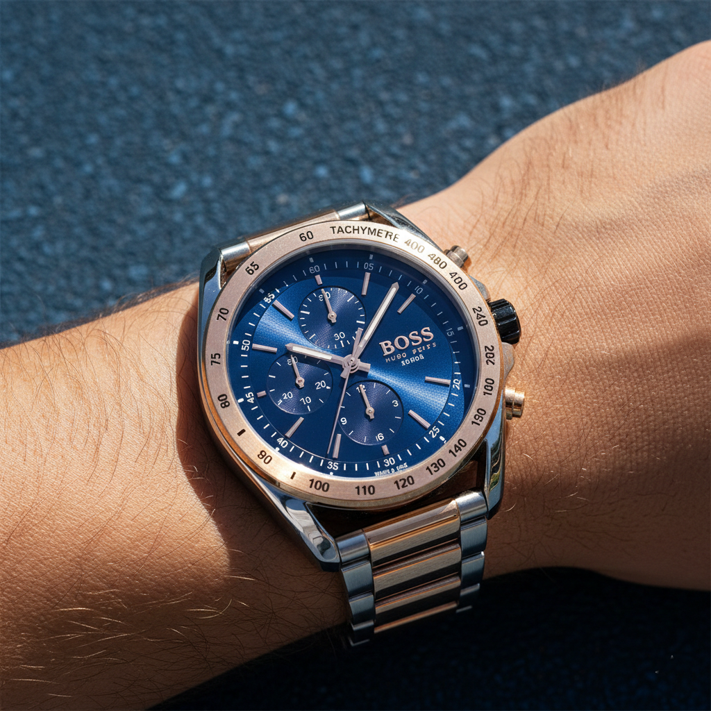 Close up shot of Hugo Boss Center Court 1514026 watch on wrist showing the blue sunray dial and rose gold details