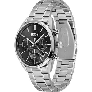 Detailed side view of the silver crown and chronograph buttons on the Hugo Boss 1513871