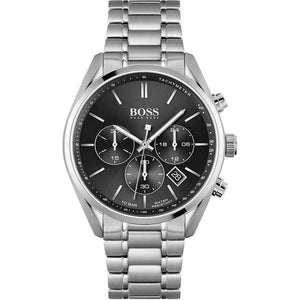 Hugo Boss Champion 1513871 men's chronograph watch with silver stainless steel strap and black dial with white hands