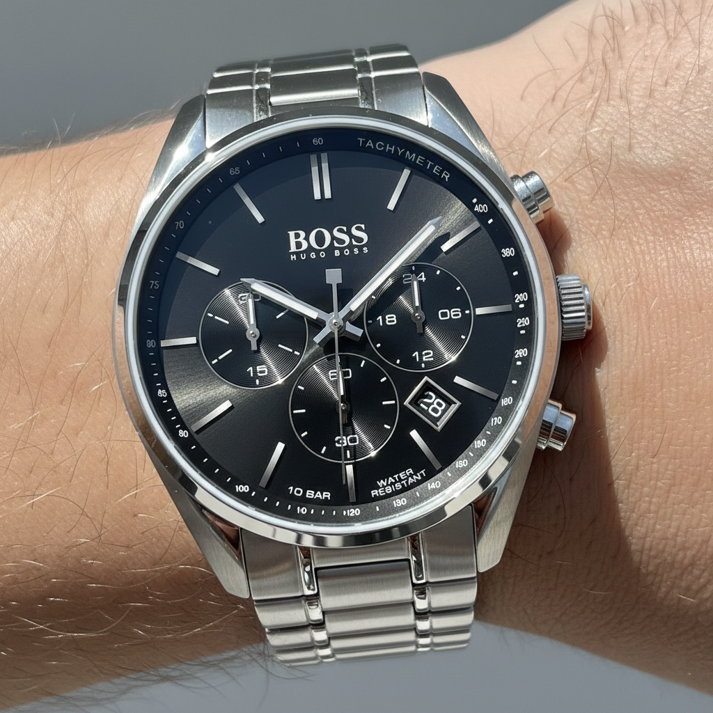 Close up shot of Hugo Boss Champion 1513871 watch on wrist showing the black dial and white luminous hands