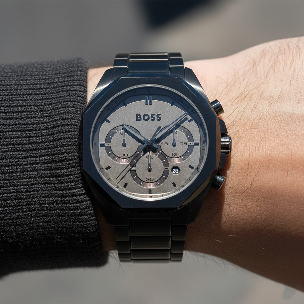Close up shot of Hugo Boss Cloud 1514016 watch on wrist showing the grey dial and octagonal shape