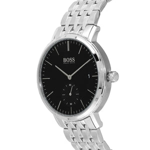 Angled view of the Hugo Boss 1513641 highlighting the polished silver bezel and crown
