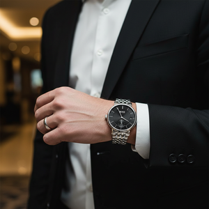Male model wearing Hugo Boss Corporal 1513641 watch with a formal business suit