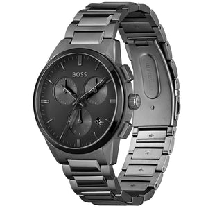 Angled view of the Hugo Boss 1513929 highlighting the grey pushers and polished case