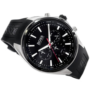 Left side perspective of the Hugo Boss 1513855 black dial and rubber strap texture