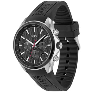 Angled view of the Hugo Boss 1513855 highlighting the silver pushers and black bezel