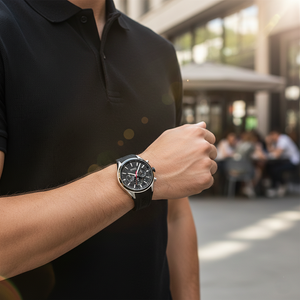 Male model wearing Hugo Boss Distinct 1513855 black watch with a sporty outfit