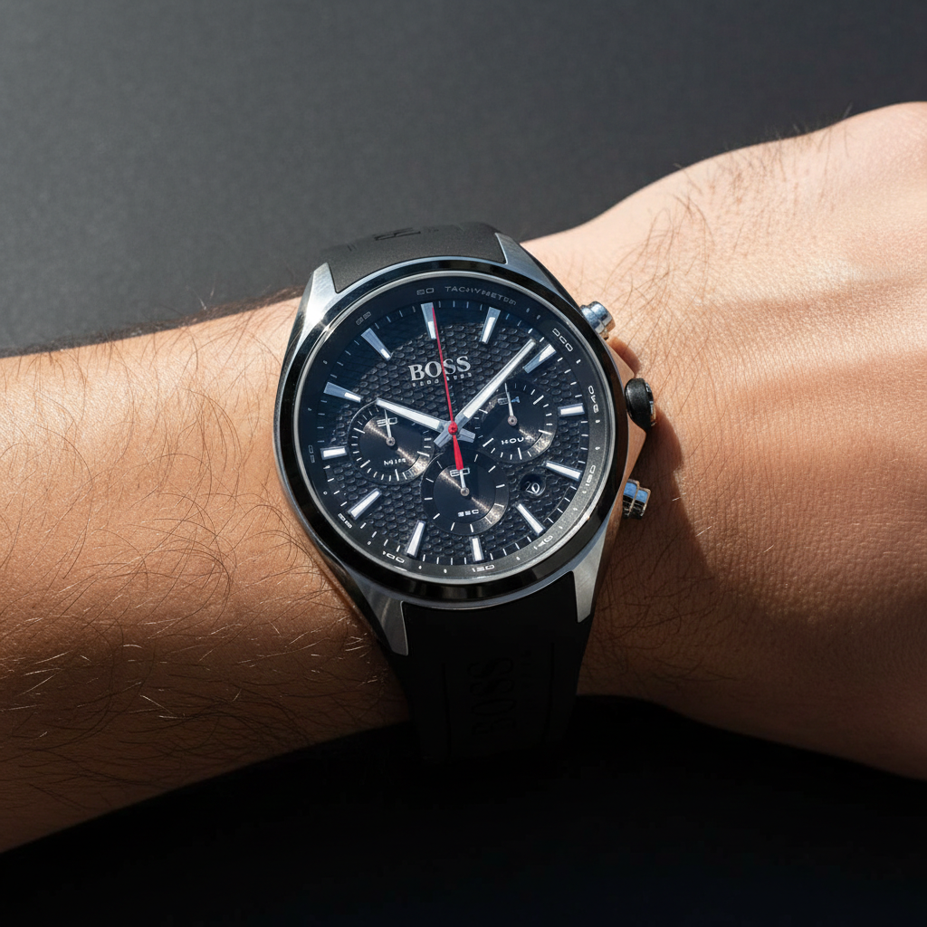 Close up shot of Hugo Boss Distinct 1513855 watch on wrist showing the honeycomb dial and red hands