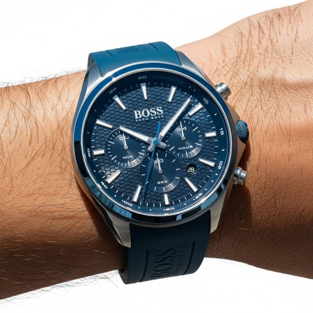 Close up shot of Hugo Boss Distinct 1513856 watch on wrist showing the honeycomb dial and blue hands