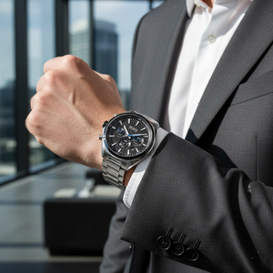 Male model wearing Hugo Boss Distinct 1513857 silver watch with a formal grey suit