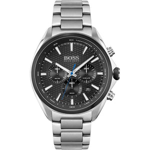 Hugo Boss Distinct 1513857 men's chronograph watch with silver stainless steel bracelet and black honeycomb dial