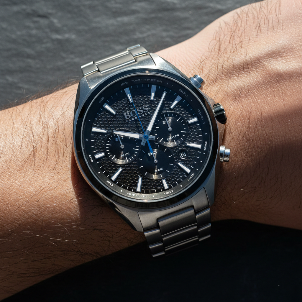 Close up shot of Hugo Boss Distinct 1513857 watch on wrist showing the honeycomb texture and silver hands