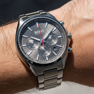 Close up shot of Hugo Boss Distinct 1513858 watch on wrist showing the unique grey honeycomb texture