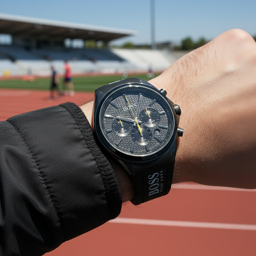 Close up shot of Hugo Boss Distinct 1513859 watch on wrist showing the black dial and yellow chronograph hands
