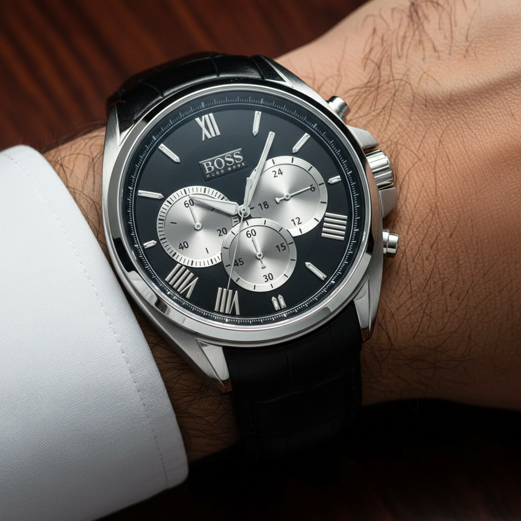 Close up shot of Hugo Boss Driver 1512879 watch on wrist showing the black dial and silver sub-dials