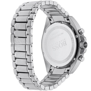 Left side perspective of the Hugo Boss 1513080 black dial and silver bracelet link