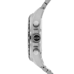 Angled view of the Hugo Boss 1513080 highlighting the polished silver case and chronograph pushers