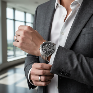 Male model wearing Hugo Boss Driver 1513080 watch with a sporty casual outfit