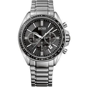 Hugo Boss Driver 1513080 men's chronograph watch with silver stainless steel strap and black racing dial