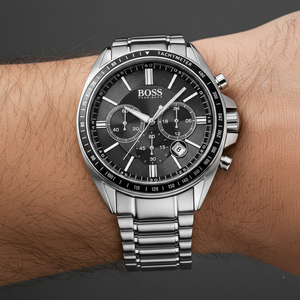 Close up shot of Hugo Boss Driver 1513080 watch on wrist showing the tachymeter bezel and sub-dials