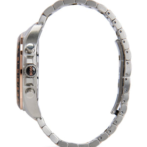Angled view of the Hugo Boss 1513094 highlighting the rose gold bezel accents and pushers