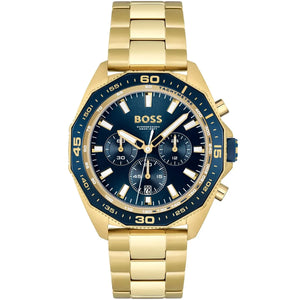 Hugo Boss Energy 1513973 men's chronograph watch with gold-tone stainless steel strap and blue sunray dial