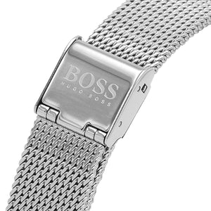 Rose gold tone stainless steel sliding clasp on the Hugo Boss 1502553 mesh watch