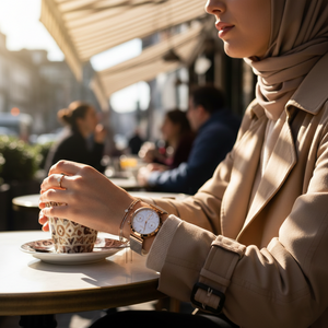Woman wearing elegant Hugo Boss Flawless 1502553 watch with rose gold mesh strap