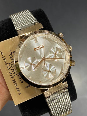 Authentic real life photo of Hugo Boss 1502553 showing true rose gold shine and crystals
